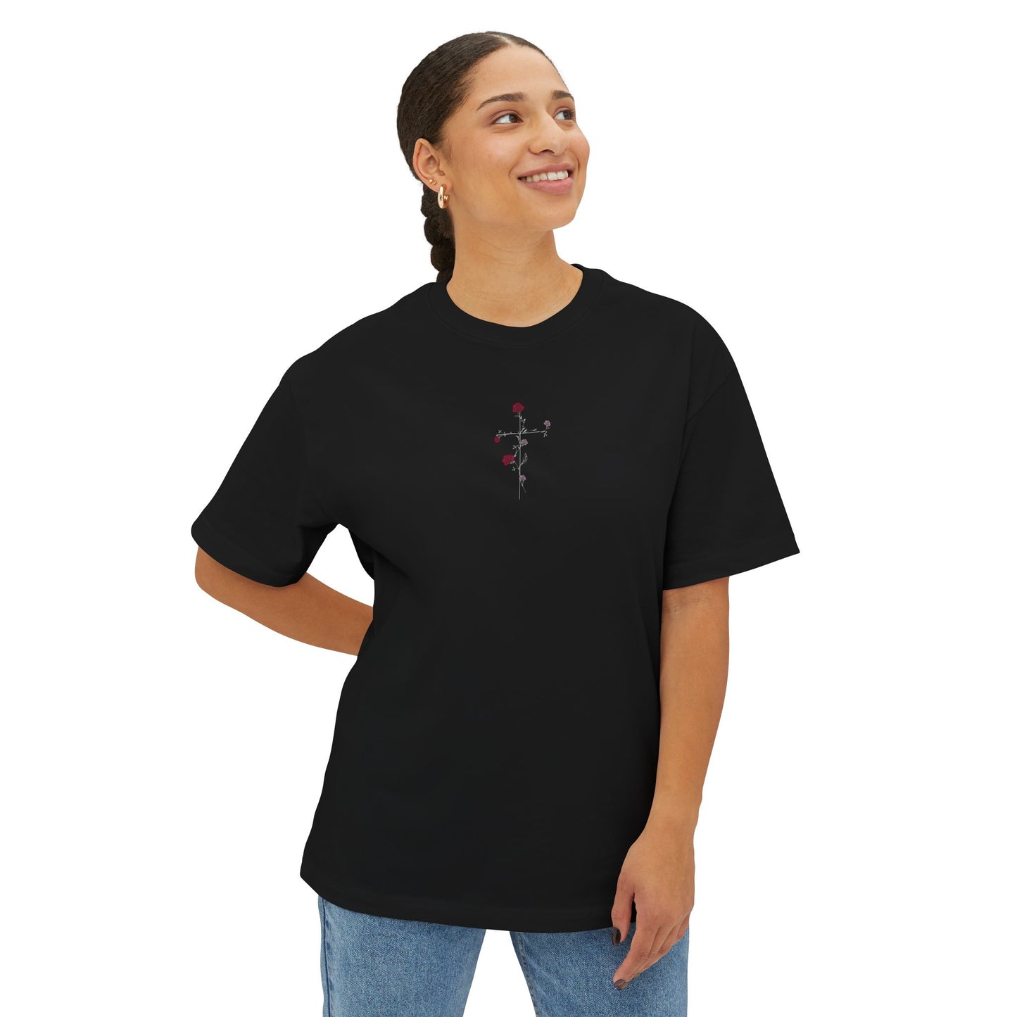 Romans 5:8 While we were yet sinners, Christ died for us Oversized Tee with Sacrificial Love Design | Casual Streetwear, Graphic Tee, Faith Apparel, Gift for Her, Christian Fashion
