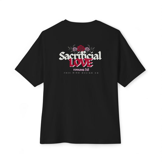 Romans 5:8 While we were yet sinners, Christ died for us Oversized Tee with Sacrificial Love Design | Casual Streetwear, Graphic Tee, Faith Apparel, Gift for Her, Christian Fashion