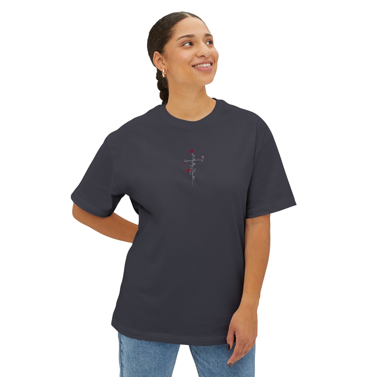 Romans 5:8 While we were yet sinners, Christ died for us Oversized Tee with Sacrificial Love Design | Casual Streetwear, Graphic Tee, Faith Apparel, Gift for Her, Christian Fashion